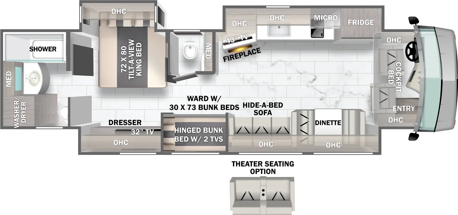 The 40C has three slide outs and one entry. Interior layout front to back: cockpit with entry, overhead cabinets, and cockpit bed; off-door side slideout with refrigerator, microwave over cooktop, kitchen counter with sink, overhead cabinets, and angled TV and fireplace; door side slideout with dinette, overhead cabinets, hide-a-bed-sofa (optional theater seating), wardrobe with hinged bunks with two TVs, and a bedroom dresser with overhead cabinets and TV; off-door side half bathroom with medicine cabinet; off-door side slideout with tilt-a-view king bed with overhead cabinet; rear full bathroom with medicine cabinet and washer/dryer.